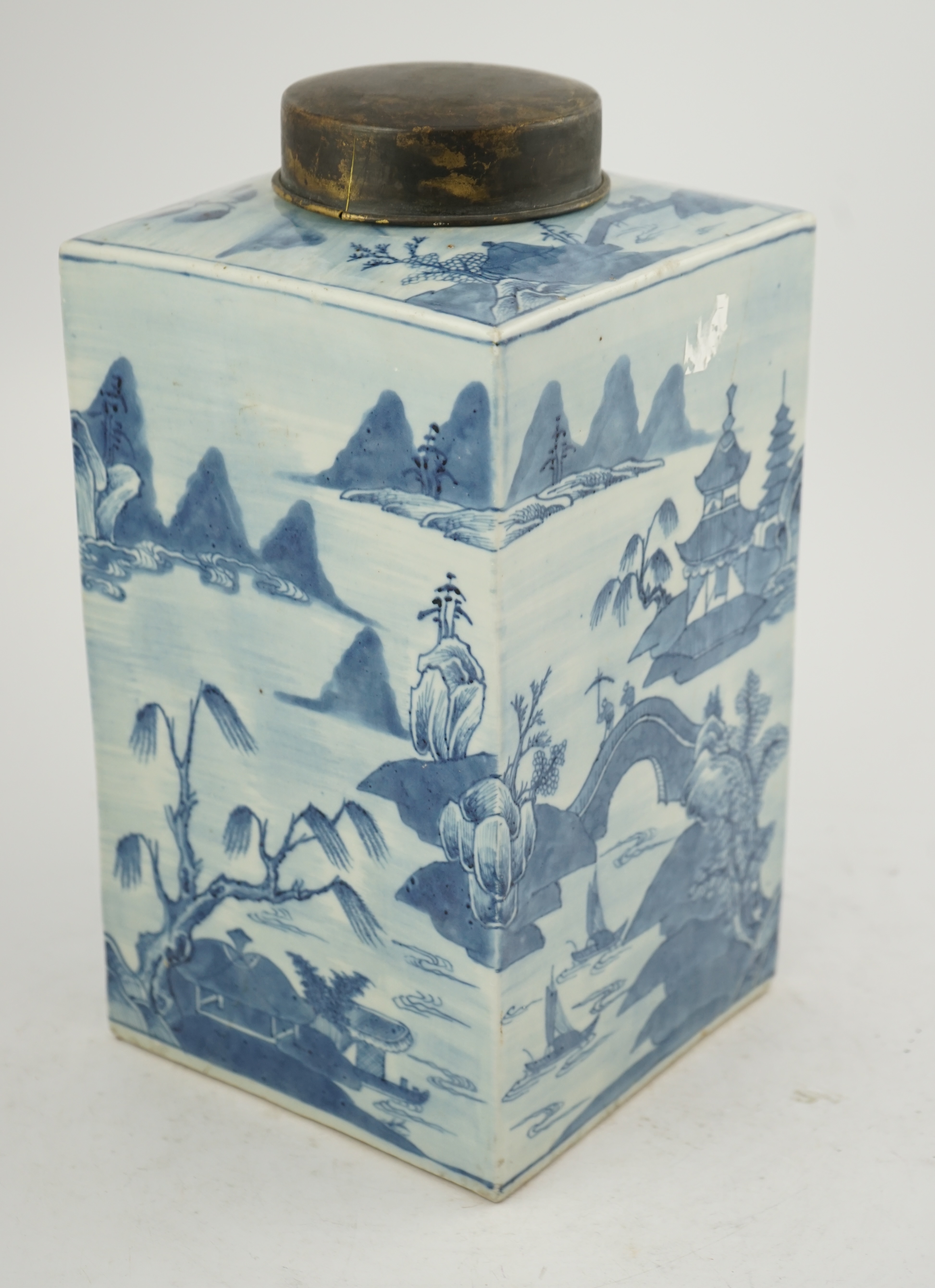 A Chinese blue and white square section tea jar, Qianlong period, metal cover, 36cm high., Condition - good, cover split